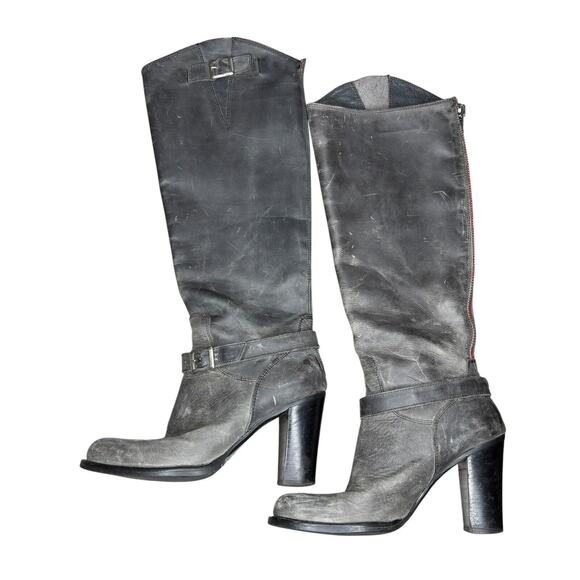 Charles David 6.5 Knee High Boots Block Heel Nubuck Leather Distressed Black - Picture 1 of 8